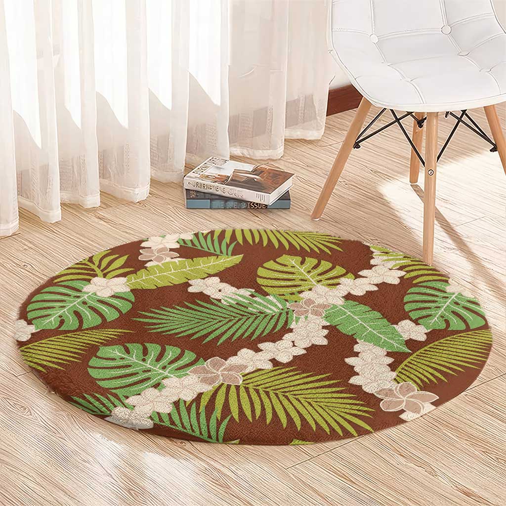 Brown Hawaii Plumeria Lei With Tropical Leaves Round Carpet LT14 - Polynesian Pride