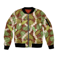 Brown Hawaii Plumeria Lei With Tropical Leaves Sleeve Zip Bomber Jacket LT14 Unisex Brown - Polynesian Pride