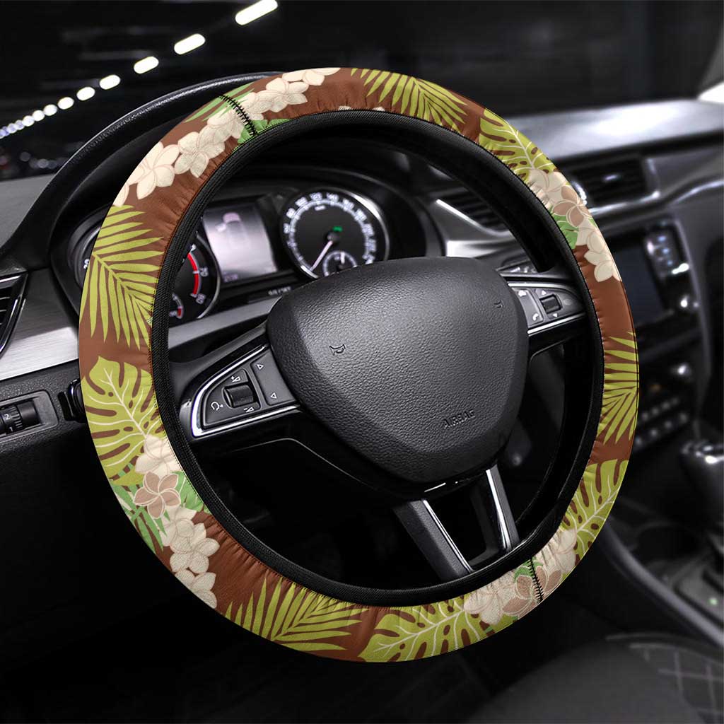 Brown Hawaii Plumeria Lei With Tropical Leaves Steering Wheel Cover