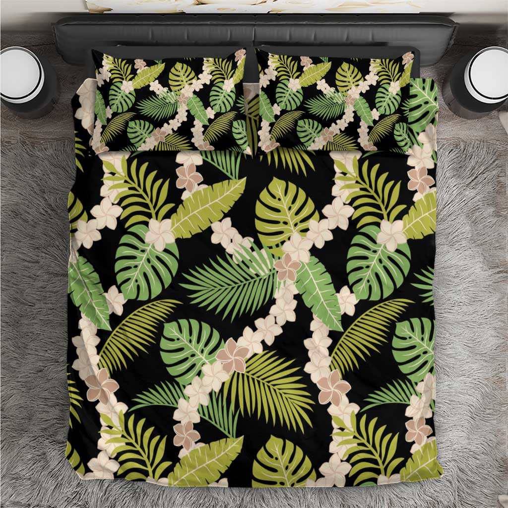 Black Hawaii Plumeria Lei With Tropical Leaves Bedding Set LT14 Black - Polynesian Pride