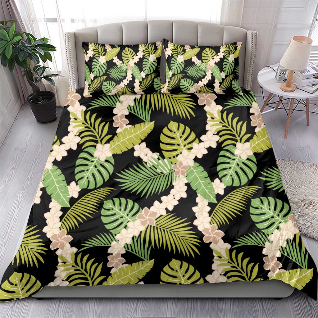 Black Hawaii Plumeria Lei With Tropical Leaves Bedding Set LT14 - Polynesian Pride