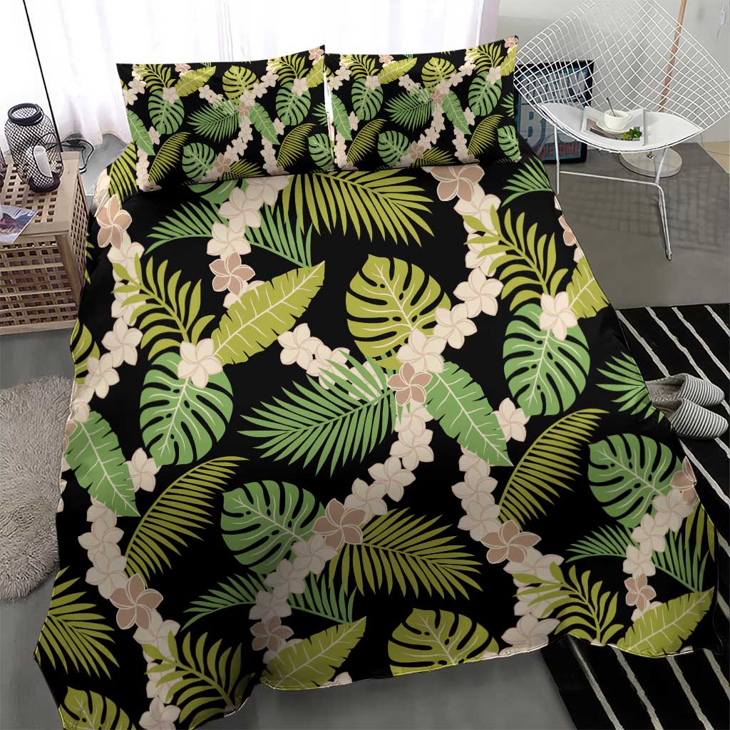 Black Hawaii Plumeria Lei With Tropical Leaves Bedding Set LT14 - Polynesian Pride