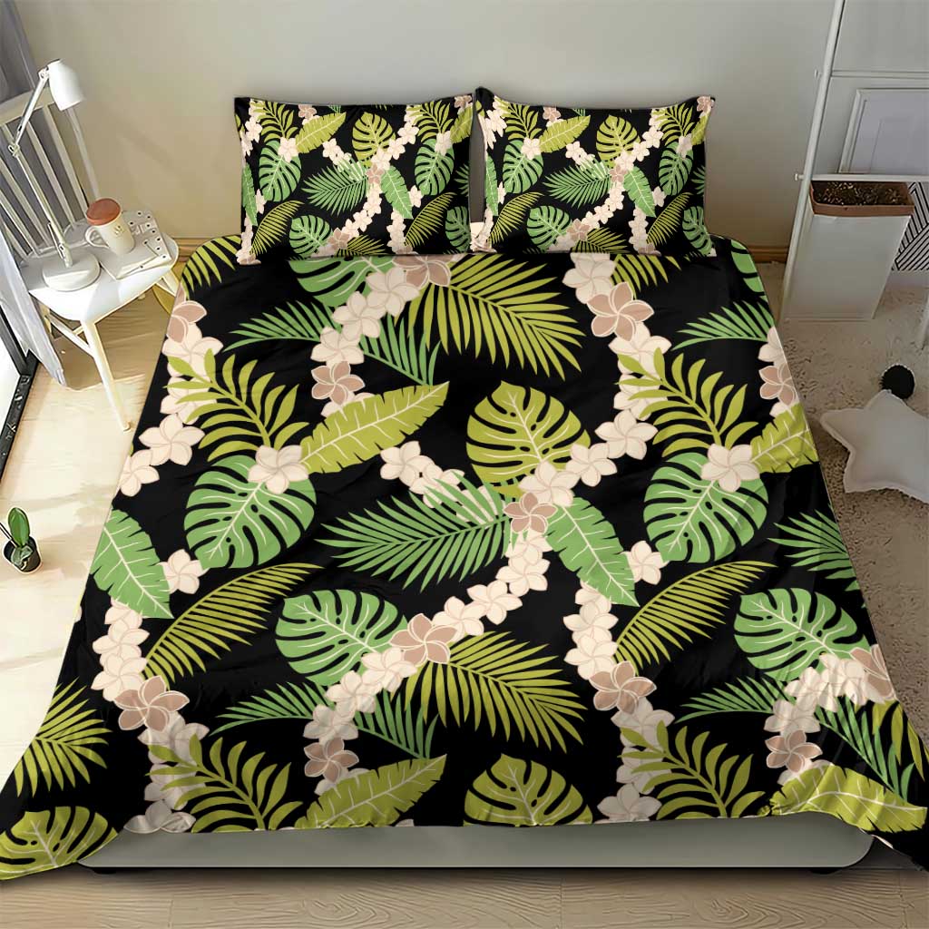Black Hawaii Plumeria Lei With Tropical Leaves Bedding Set LT14 - Polynesian Pride