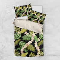 Black Hawaii Plumeria Lei With Tropical Leaves Bedding Set LT14 US Twin 172cm x 218cm Black - Polynesian Pride