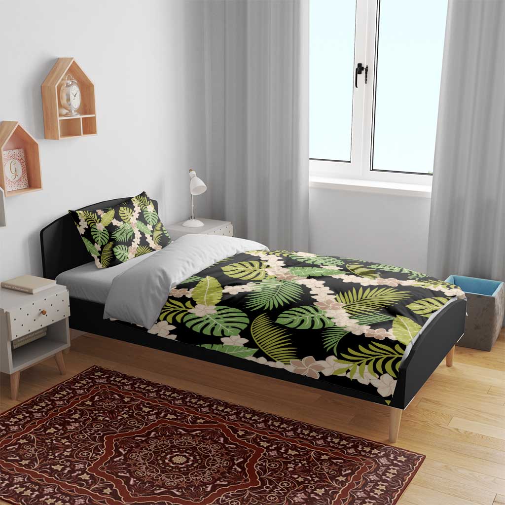 Black Hawaii Plumeria Lei With Tropical Leaves Bedding Set LT14 - Polynesian Pride