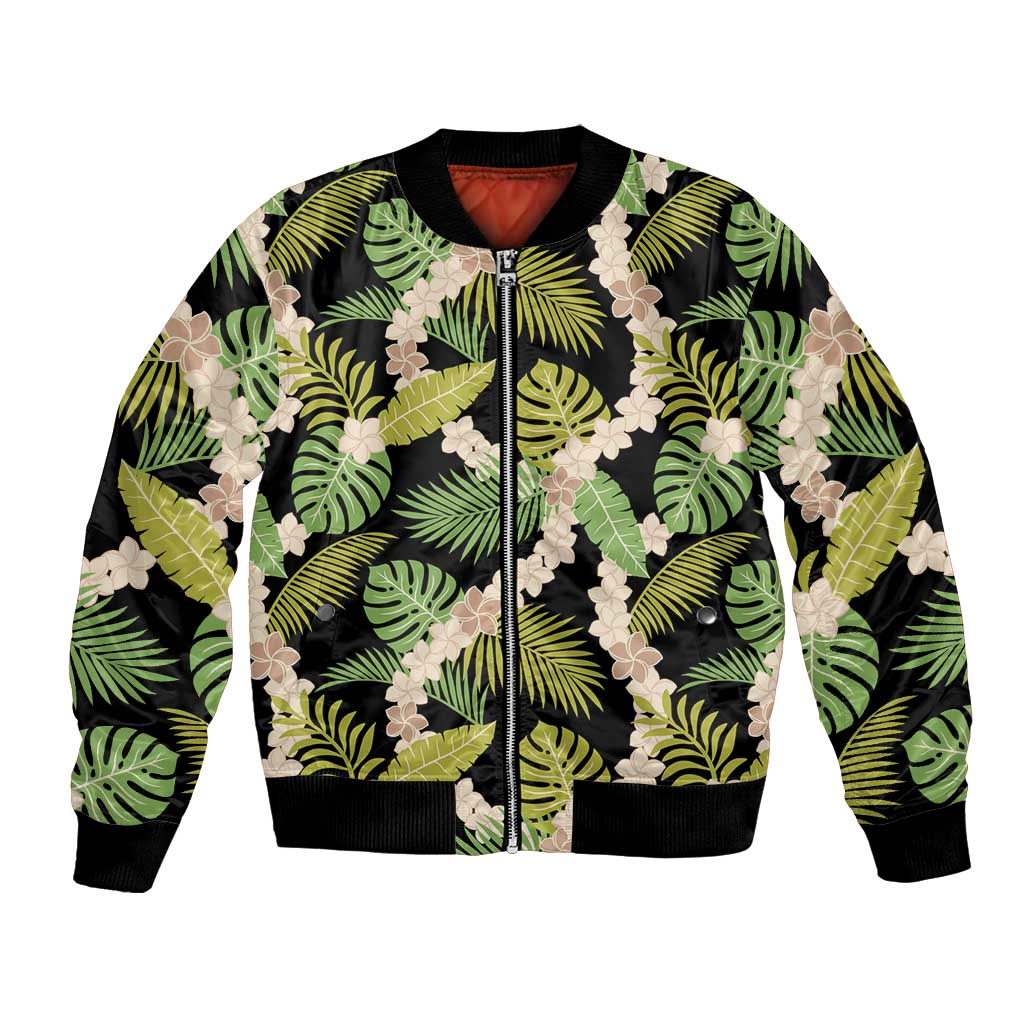 Black Hawaii Plumeria Lei With Tropical Leaves Bomber Jacket LT14 Unisex Black - Polynesian Pride
