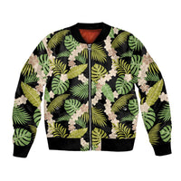 Black Hawaii Plumeria Lei With Tropical Leaves Bomber Jacket LT14 Unisex Black - Polynesian Pride