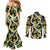 Black Hawaii Plumeria Lei With Tropical Leaves Couples Matching Mermaid Dress and Long Sleeve Button Shirt