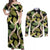 Black Hawaii Plumeria Lei With Tropical Leaves Couples Matching Off Shoulder Maxi Dress and Long Sleeve Button Shirt