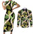 Black Hawaii Plumeria Lei With Tropical Leaves Couples Matching Short Sleeve Bodycon Dress and Long Sleeve Button Shirt