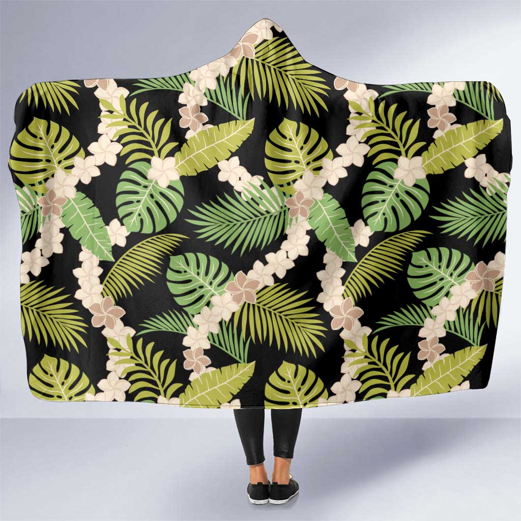 Black Hawaii Plumeria Lei With Tropical Leaves Hooded Blanket LT14 One Size Black - Polynesian Pride