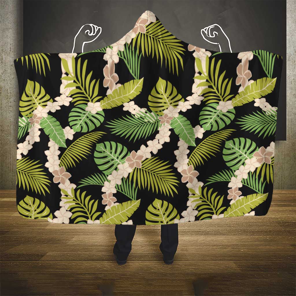 Black Hawaii Plumeria Lei With Tropical Leaves Hooded Blanket LT14 - Polynesian Pride