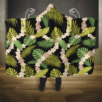 Black Hawaii Plumeria Lei With Tropical Leaves Hooded Blanket LT14 - Polynesian Pride