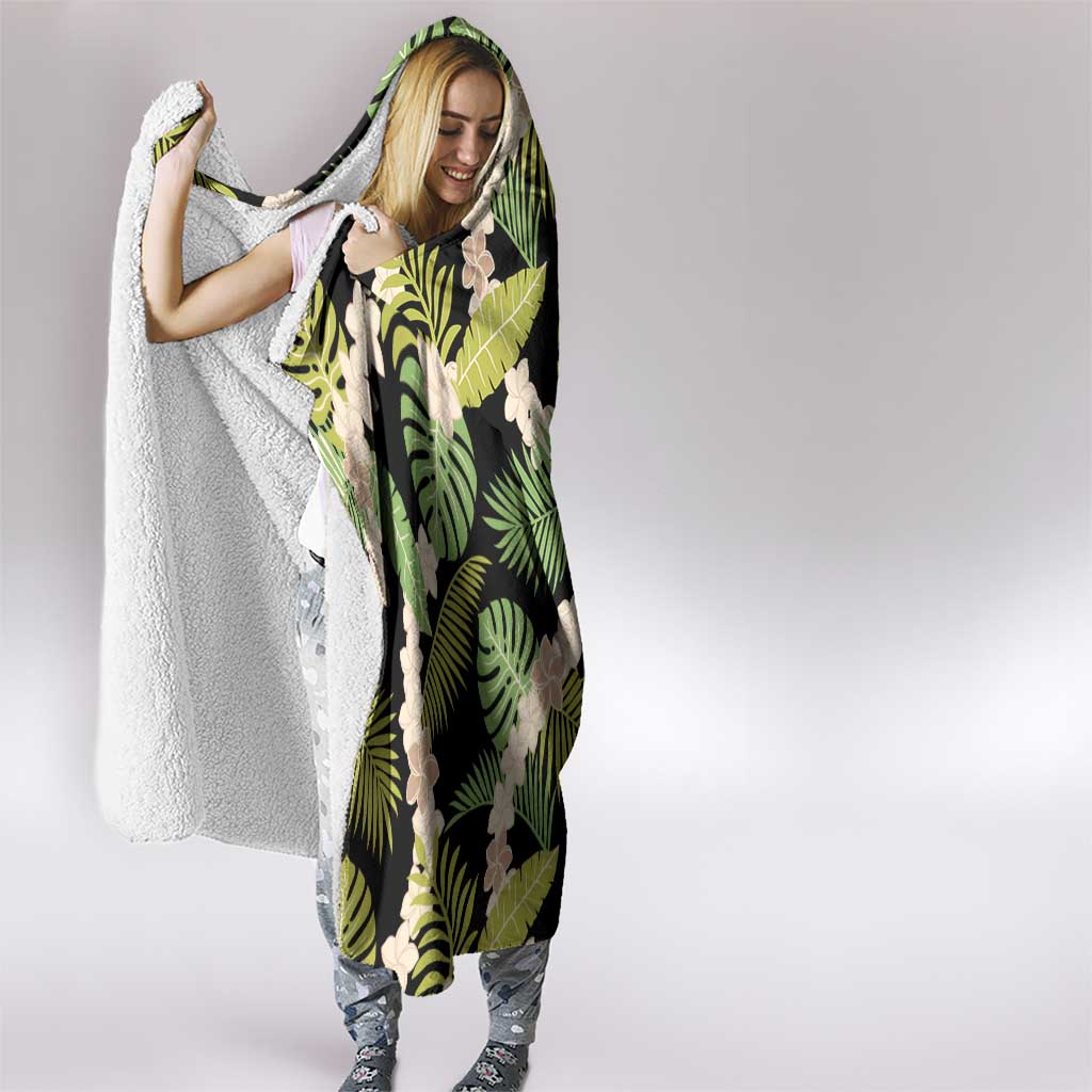 Black Hawaii Plumeria Lei With Tropical Leaves Hooded Blanket LT14 - Polynesian Pride