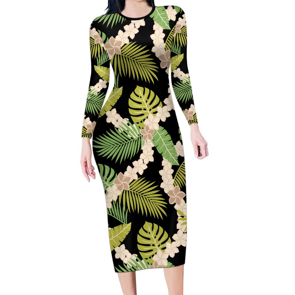 Black Hawaii Plumeria Lei With Tropical Leaves Long Sleeve Bodycon Dress LT14 Long Dress Black - Polynesian Pride