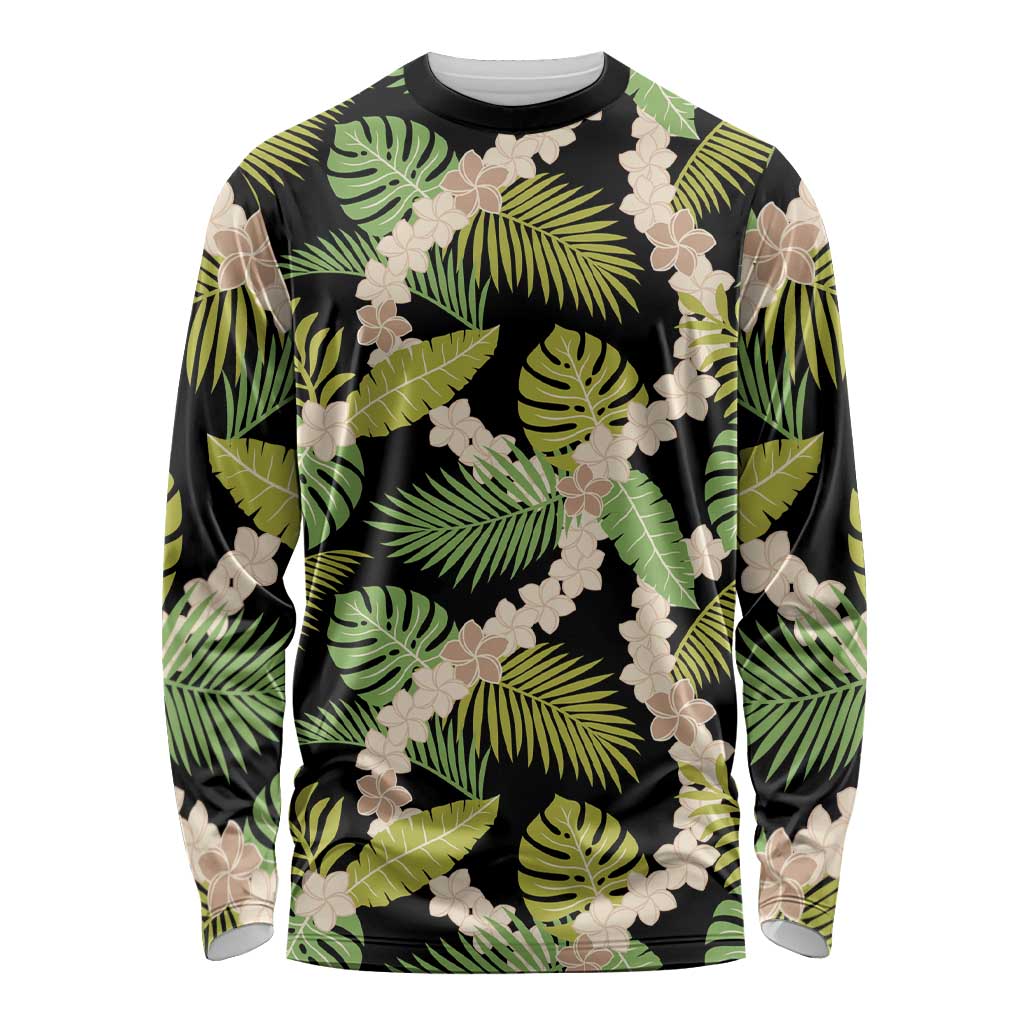 Black Hawaii Plumeria Lei With Tropical Leaves Long Sleeve Shirt LT14 Unisex Black - Polynesian Pride