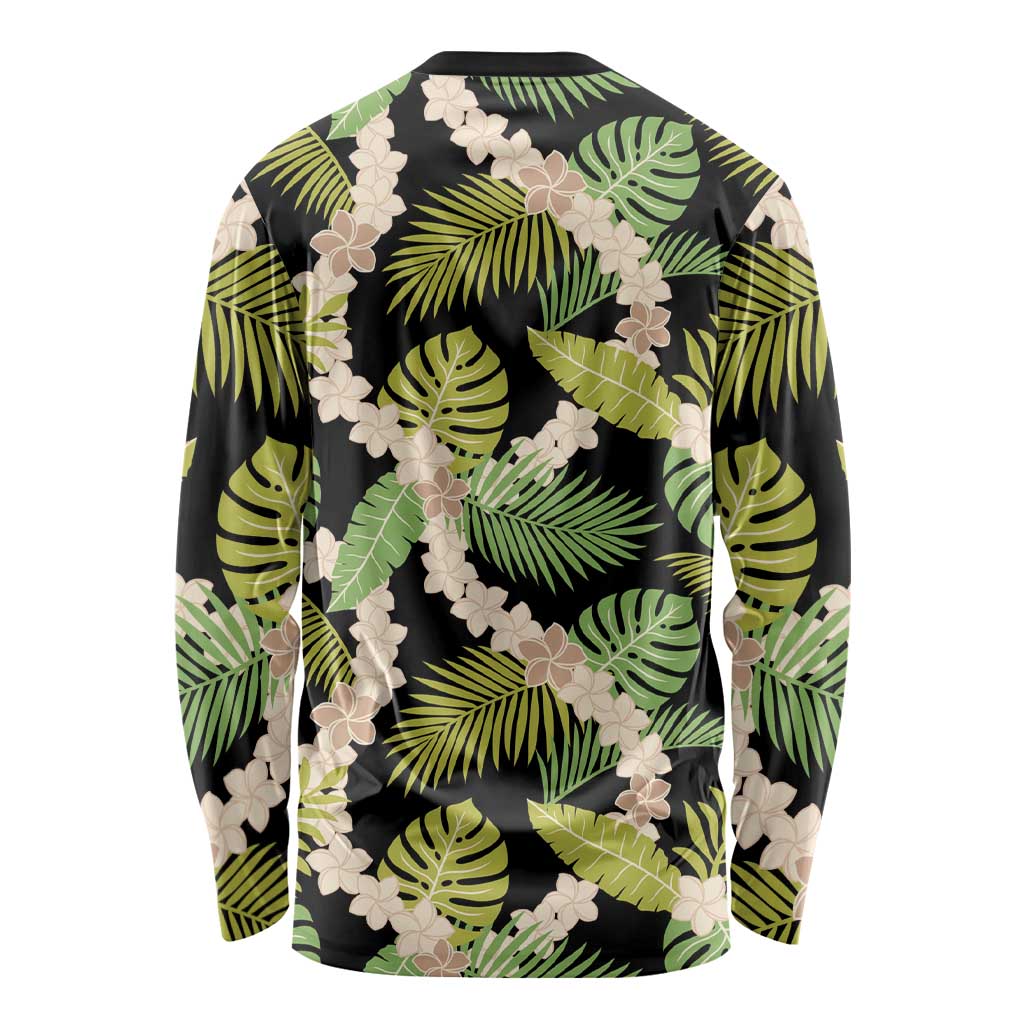 Black Hawaii Plumeria Lei With Tropical Leaves Long Sleeve Shirt LT14 - Polynesian Pride