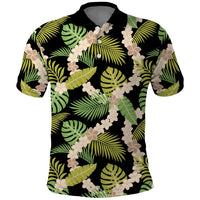 Black Hawaii Plumeria Lei With Tropical Leaves Polo Shirt LT14 Black - Polynesian Pride
