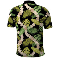 Black Hawaii Plumeria Lei With Tropical Leaves Polo Shirt LT14 - Polynesian Pride
