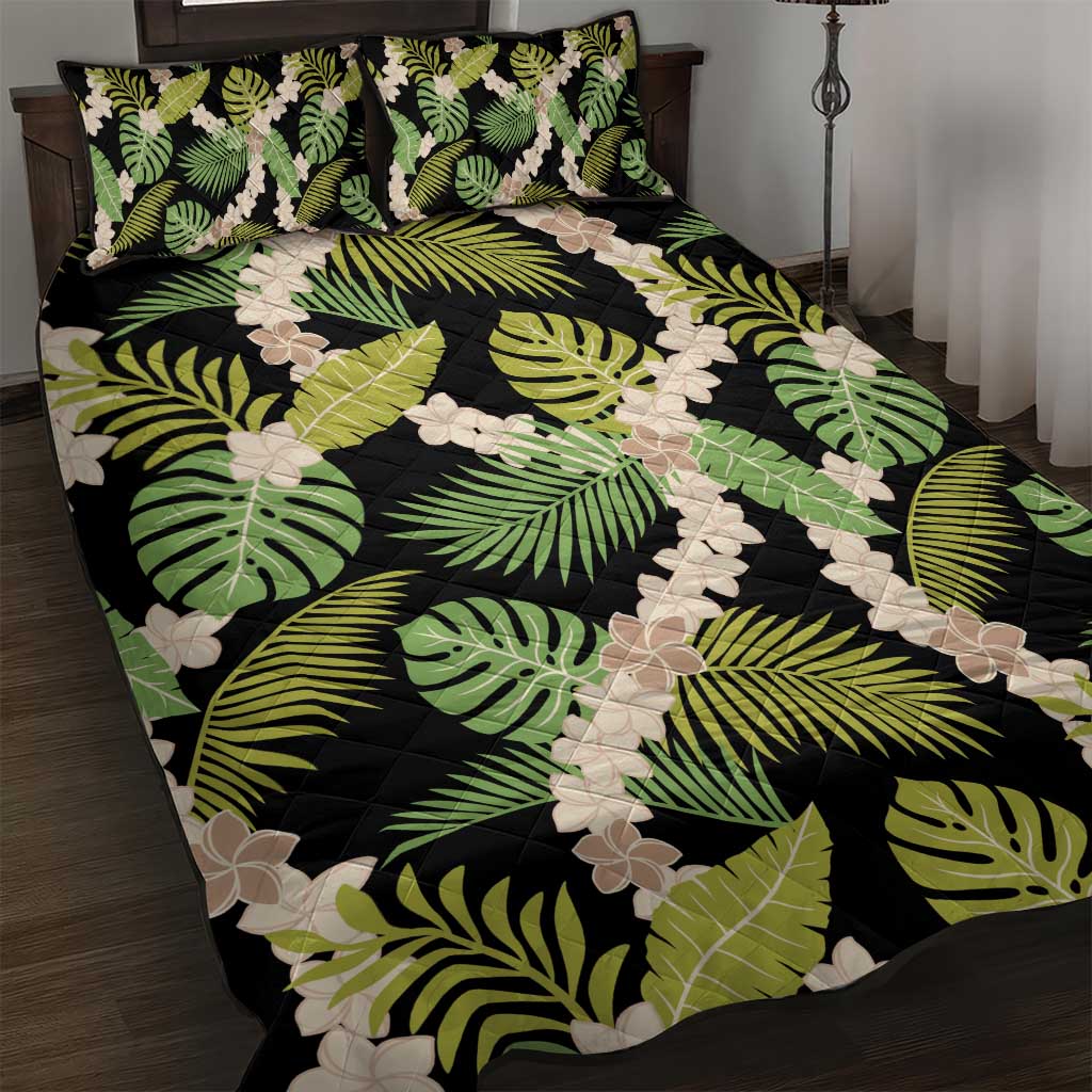Black Hawaii Plumeria Lei With Tropical Leaves Quilt Bed Set LT14 Black - Polynesian Pride