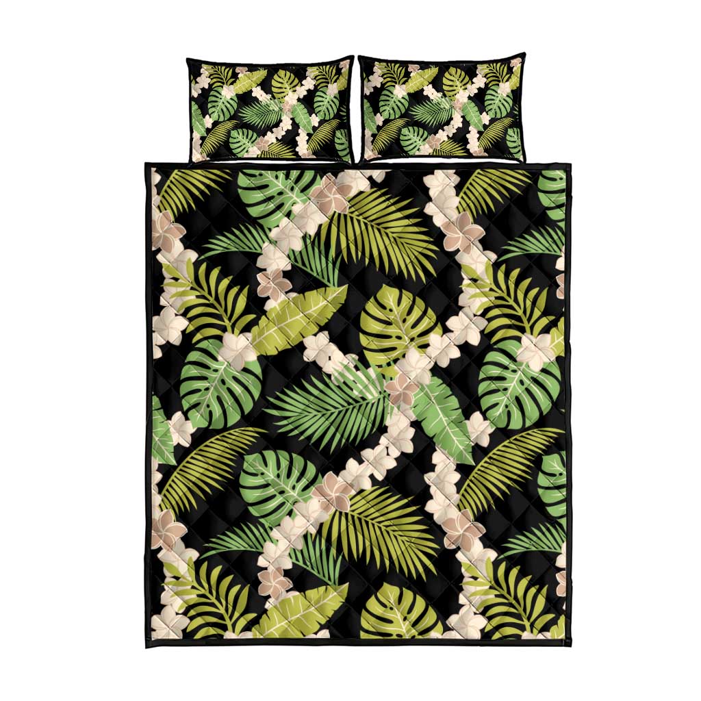 Black Hawaii Plumeria Lei With Tropical Leaves Quilt Bed Set LT14 - Polynesian Pride