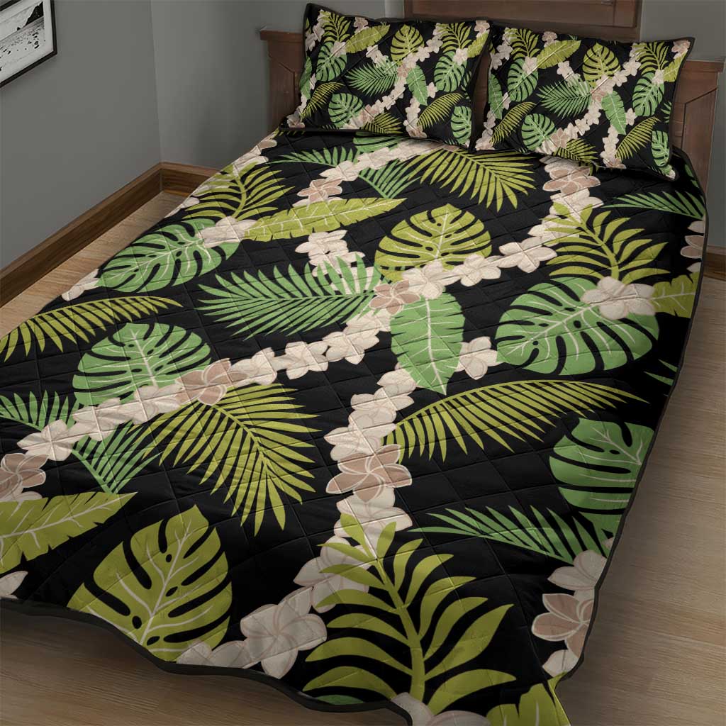 Black Hawaii Plumeria Lei With Tropical Leaves Quilt Bed Set LT14 - Polynesian Pride
