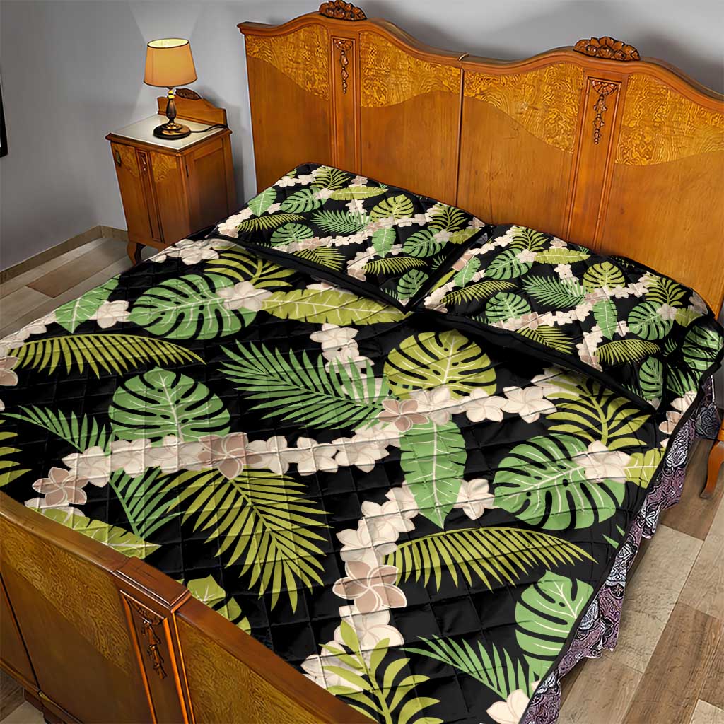 Black Hawaii Plumeria Lei With Tropical Leaves Quilt Bed Set LT14 - Polynesian Pride