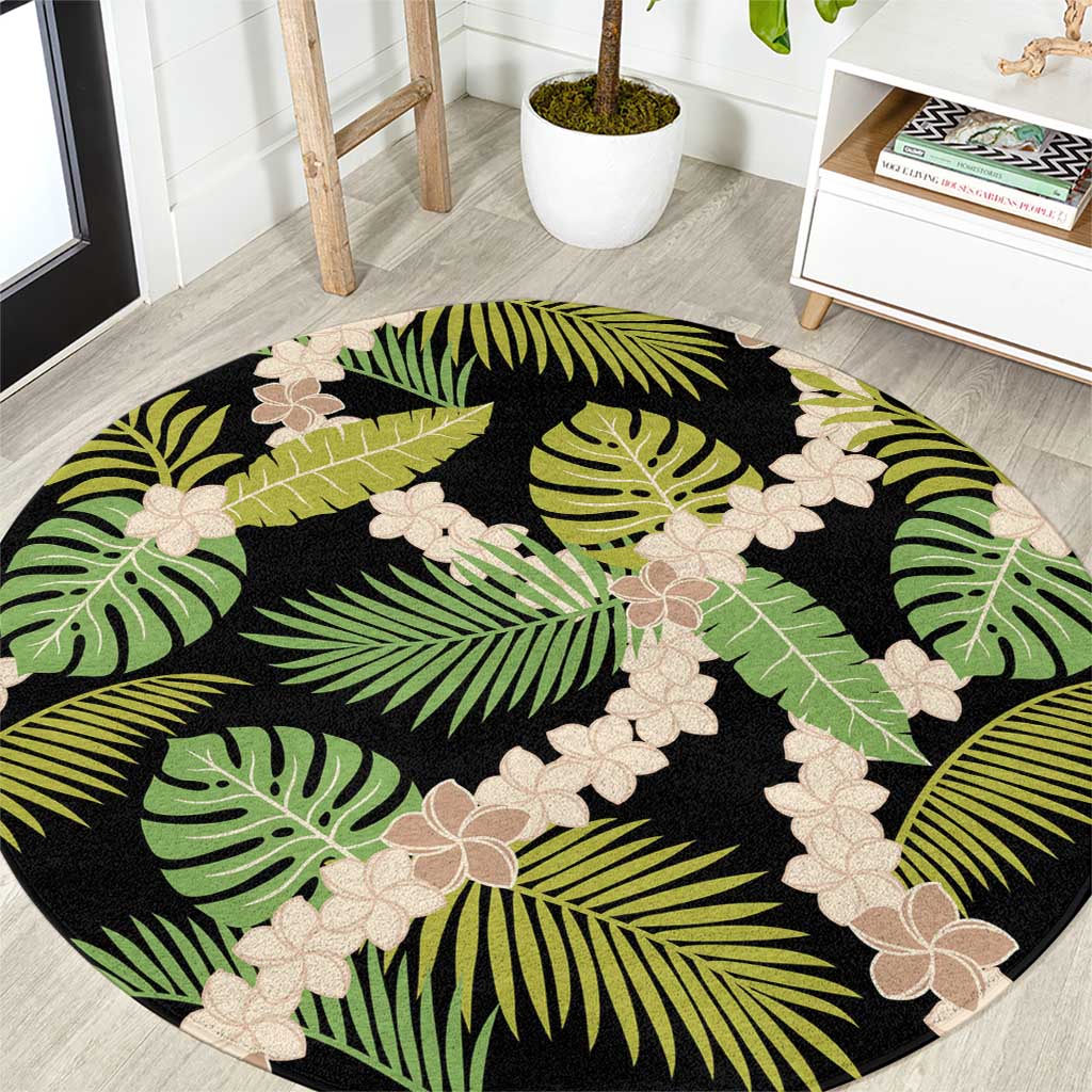 Black Hawaii Plumeria Lei With Tropical Leaves Round Carpet LT14 Black - Polynesian Pride