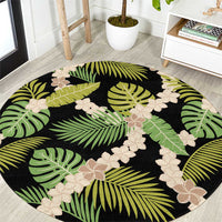 Black Hawaii Plumeria Lei With Tropical Leaves Round Carpet LT14 Black - Polynesian Pride