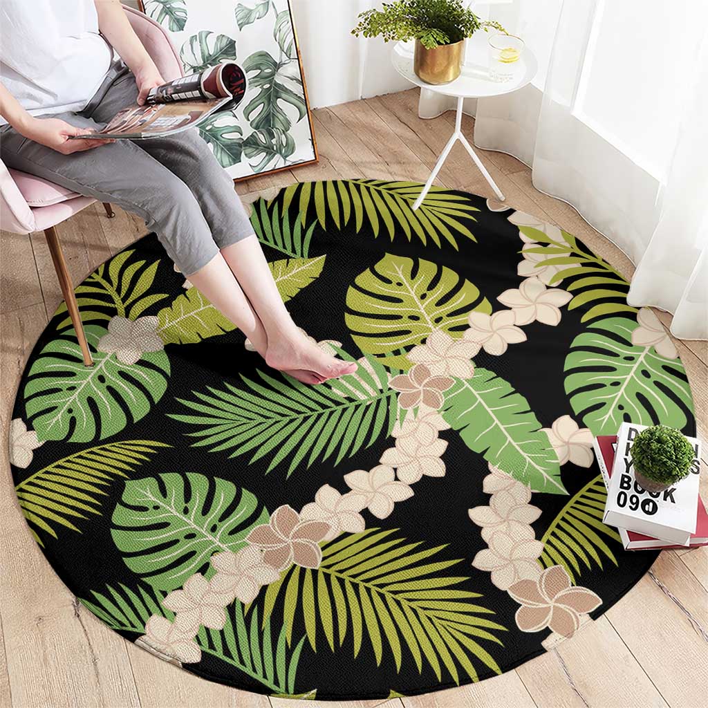 Black Hawaii Plumeria Lei With Tropical Leaves Round Carpet LT14 - Polynesian Pride