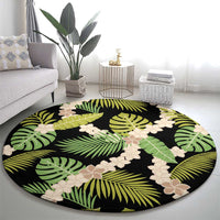 Black Hawaii Plumeria Lei With Tropical Leaves Round Carpet LT14 - Polynesian Pride