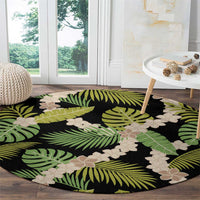 Black Hawaii Plumeria Lei With Tropical Leaves Round Carpet LT14 - Polynesian Pride