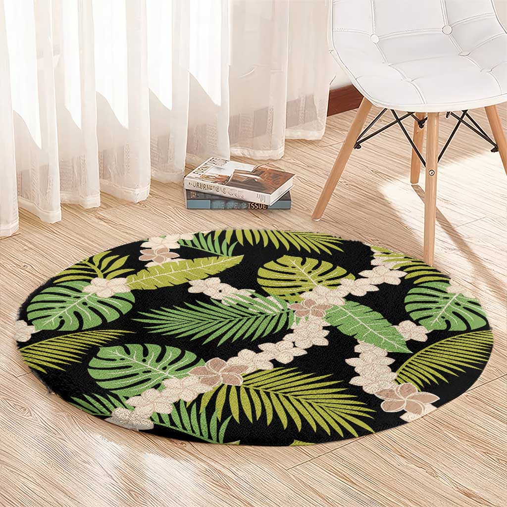 Black Hawaii Plumeria Lei With Tropical Leaves Round Carpet LT14 - Polynesian Pride