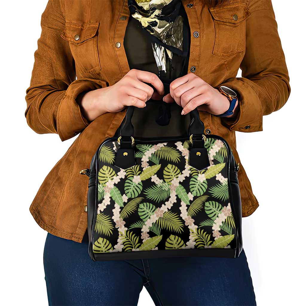 Black Hawaii Plumeria Lei With Tropical Leaves Shoulder Handbag LT14 - Polynesian Pride