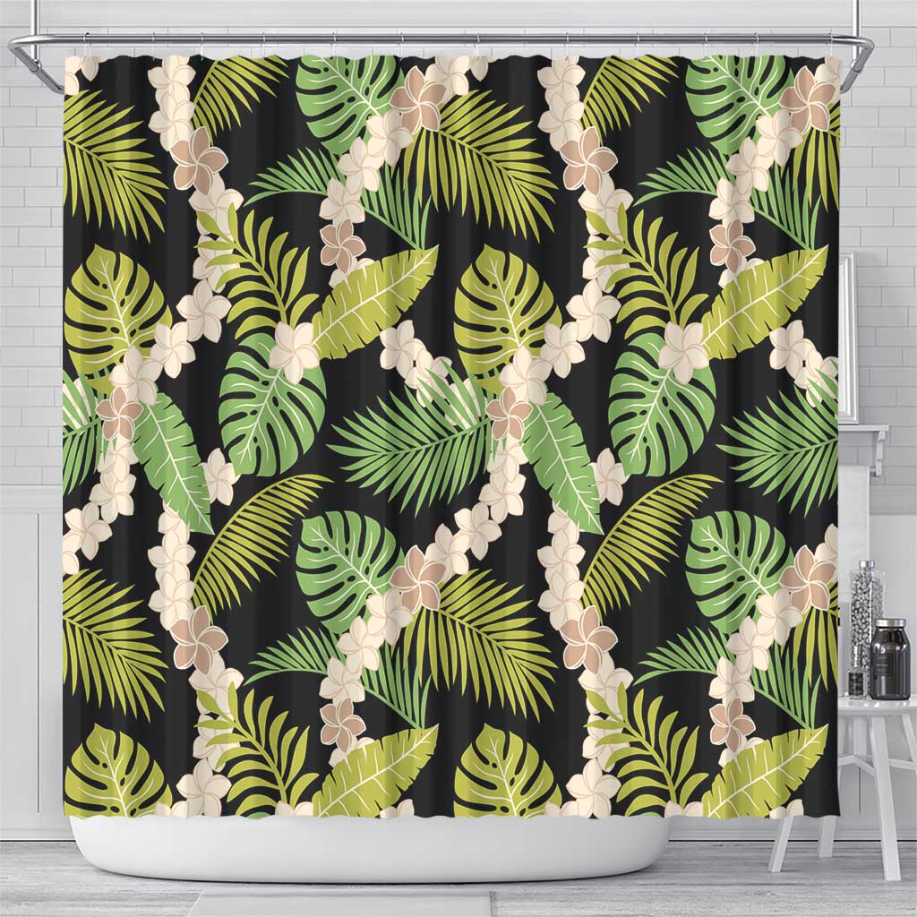 Black Hawaii Plumeria Lei With Tropical Leaves Shower Curtain LT14 - Polynesian Pride
