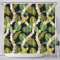 Black Hawaii Plumeria Lei With Tropical Leaves Shower Curtain LT14 - Polynesian Pride