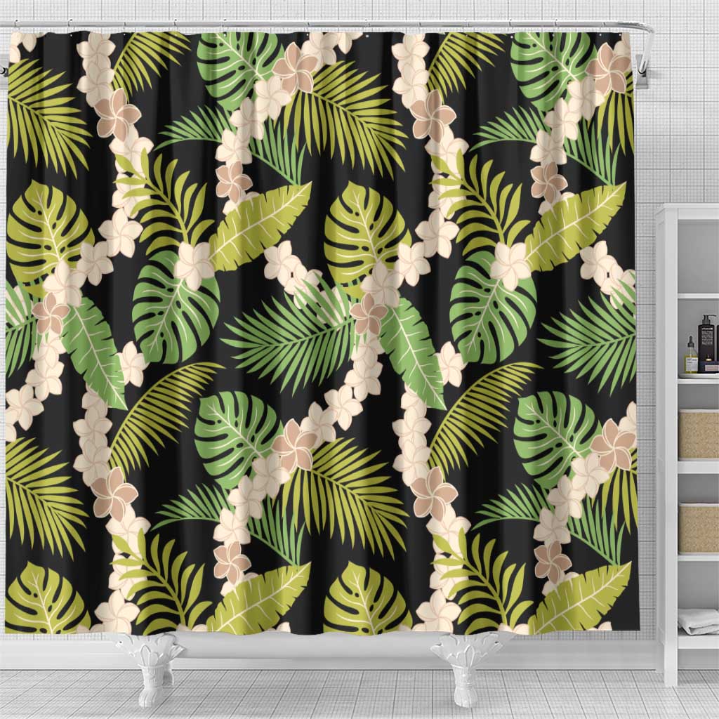 Black Hawaii Plumeria Lei With Tropical Leaves Shower Curtain LT14 - Polynesian Pride