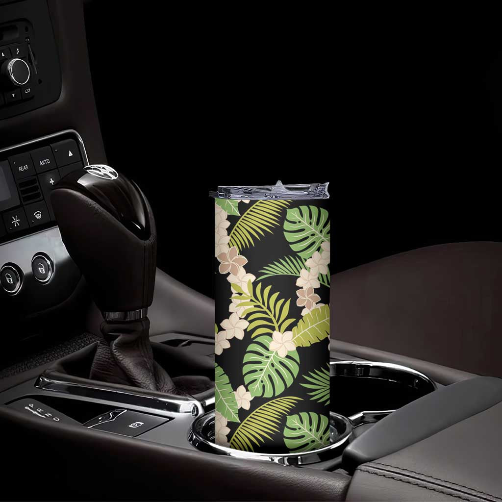 Black Hawaii Plumeria Lei With Tropical Leaves Skinny Tumbler LT14 - Polynesian Pride