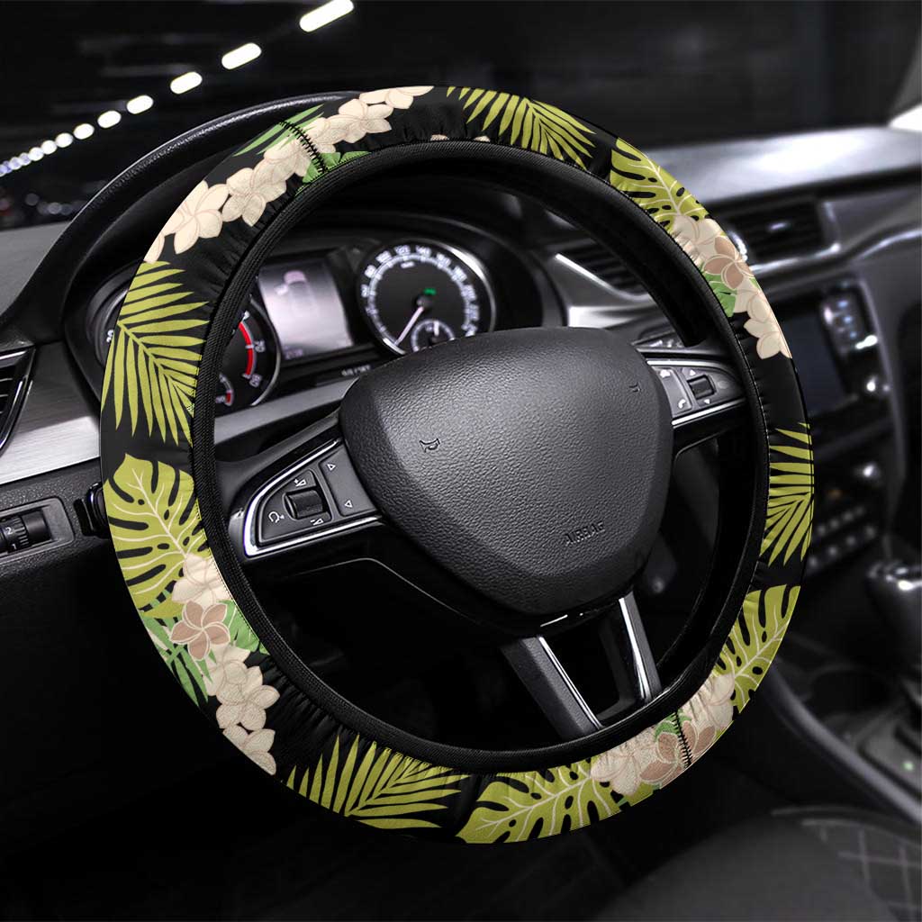 Black Hawaii Plumeria Lei With Tropical Leaves Steering Wheel Cover