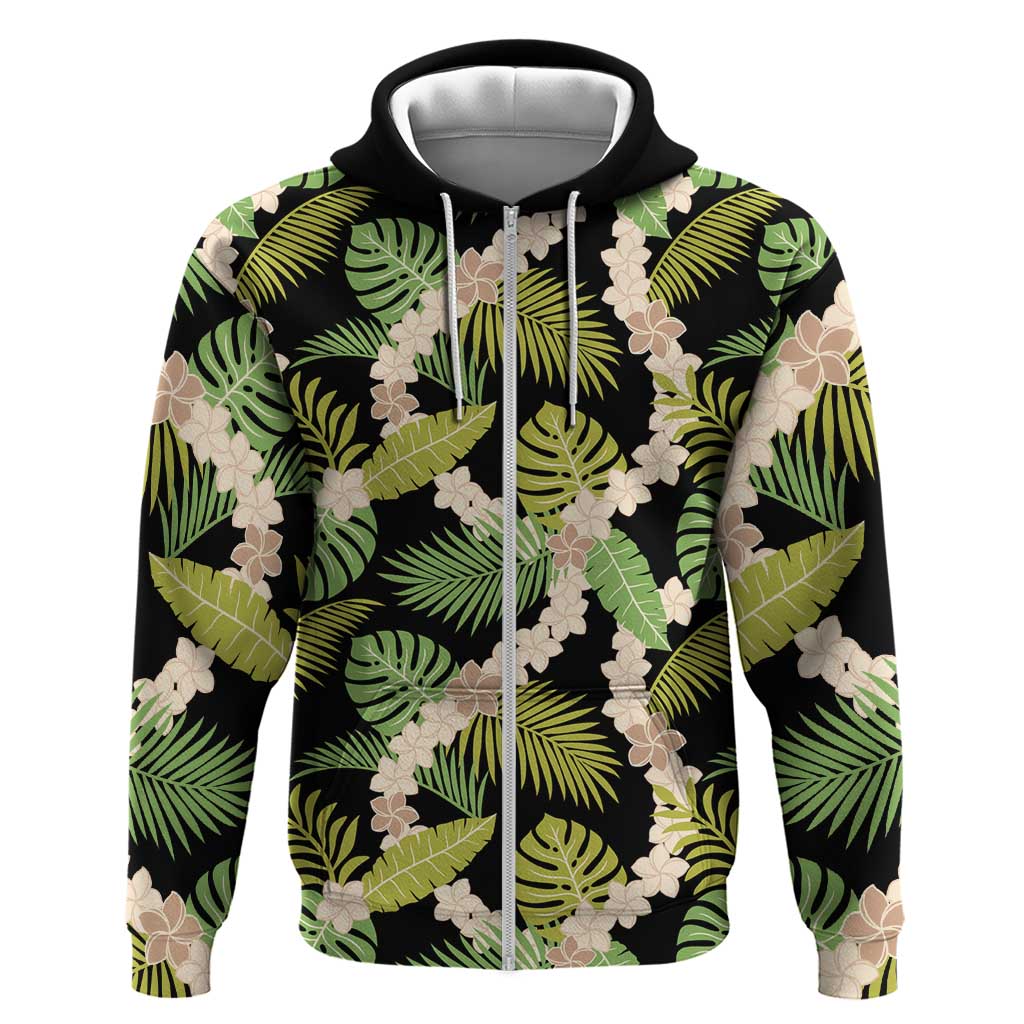 Black Hawaii Plumeria Lei With Tropical Leaves Zip Hoodie LT14 Zip Hoodie Black - Polynesian Pride