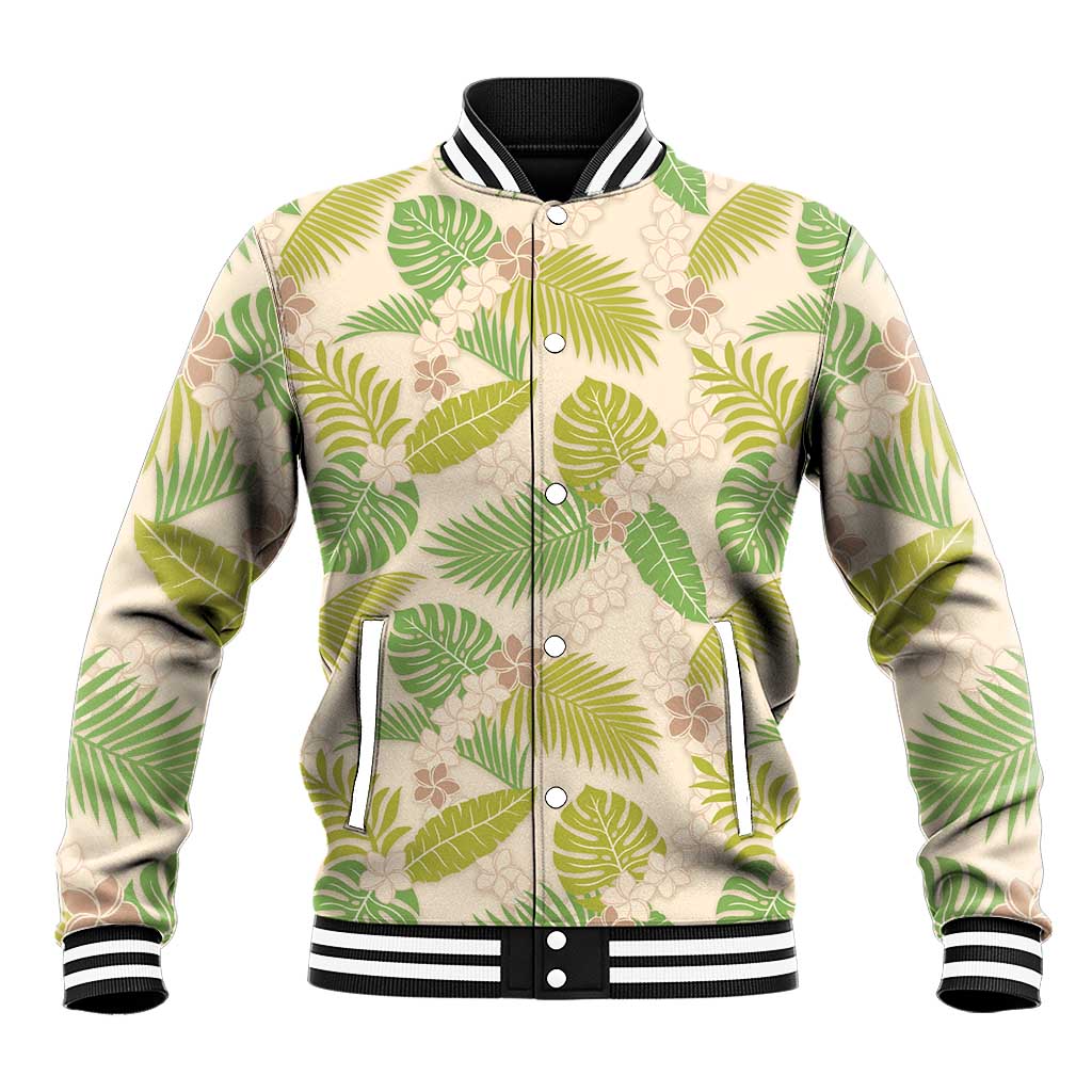 Beige Hawaii Plumeria Lei With Tropical Leaves Baseball Jacket LT14 Unisex Beige - Polynesian Pride