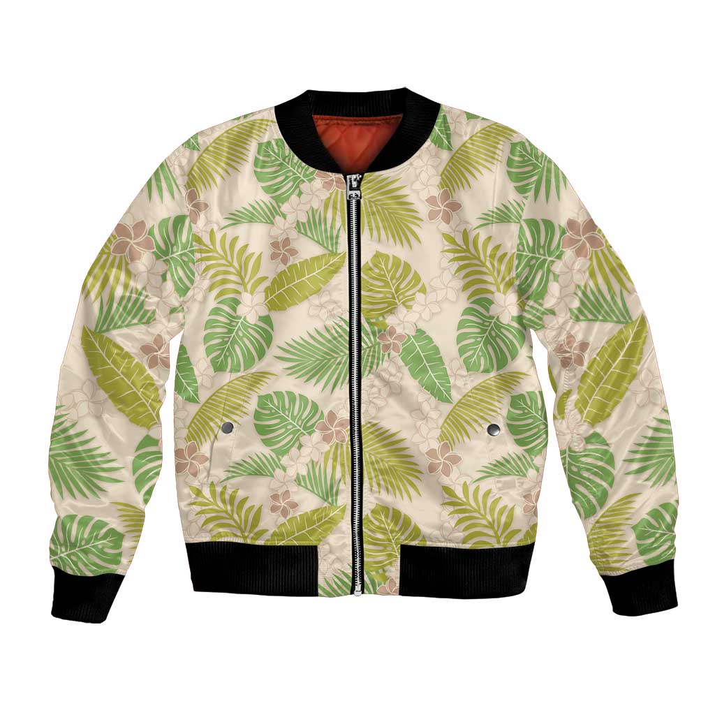 Beige Hawaii Plumeria Lei With Tropical Leaves Bomber Jacket LT14 Unisex Beige - Polynesian Pride