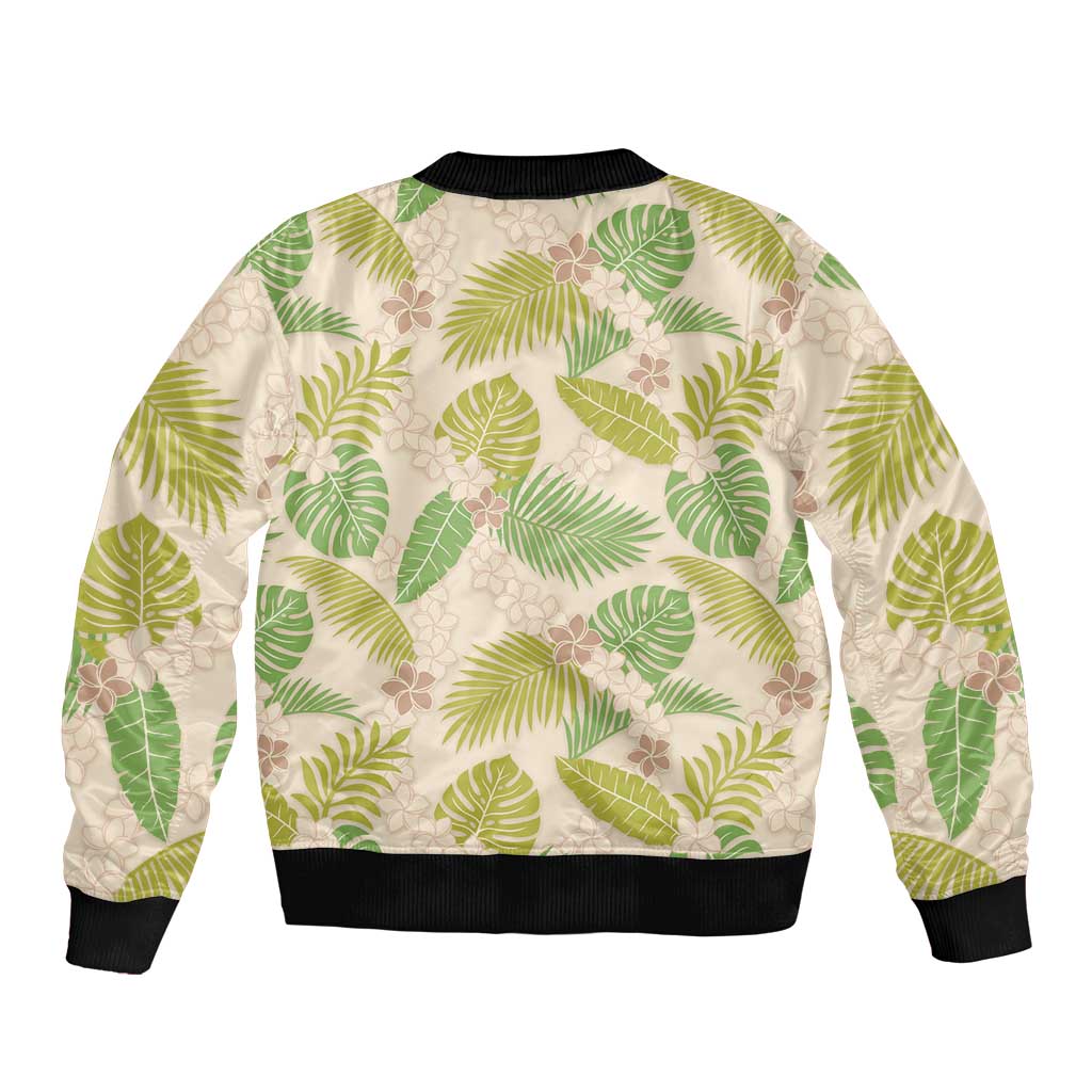 Beige Hawaii Plumeria Lei With Tropical Leaves Bomber Jacket LT14 - Polynesian Pride