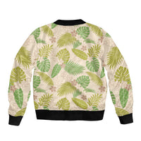 Beige Hawaii Plumeria Lei With Tropical Leaves Bomber Jacket LT14 - Polynesian Pride