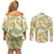 Beige Hawaii Plumeria Lei With Tropical Leaves Couples Matching Off Shoulder Short Dress and Long Sleeve Button Shirt