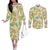 Beige Hawaii Plumeria Lei With Tropical Leaves Couples Matching Off The Shoulder Long Sleeve Dress and Long Sleeve Button Shirt