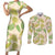 Beige Hawaii Plumeria Lei With Tropical Leaves Couples Matching Short Sleeve Bodycon Dress and Long Sleeve Button Shirt