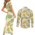 Beige Hawaii Plumeria Lei With Tropical Leaves Couples Matching Short Sleeve Bodycon Dress and Long Sleeve Button Shirt