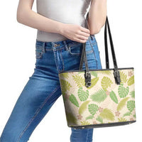 Beige Hawaii Plumeria Lei With Tropical Leaves Leather Tote Bag LT14 - Polynesian Pride