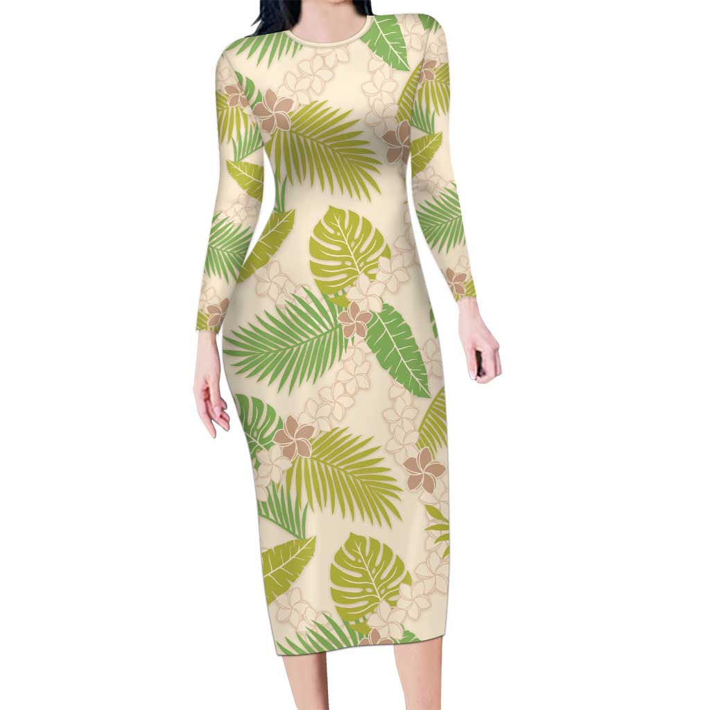 Beige Hawaii Plumeria Lei With Tropical Leaves Long Sleeve Bodycon Dress LT14 Long Dress Beige - Polynesian Pride